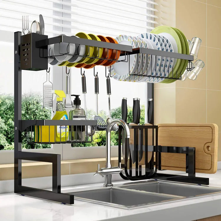 Adjustable Dish Drying Rack Over Sink 2 Tier Stainless Steel Length Expandable Kitchen Dish Rack