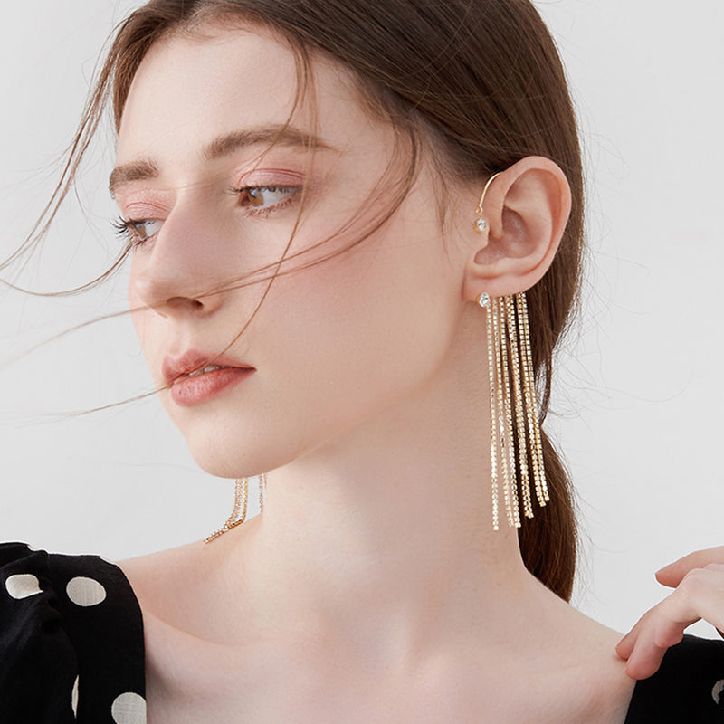 2023 Fashion Sparkling - Zircon Stone Design Sparkling Tassel Earrings Without Piercing For Women