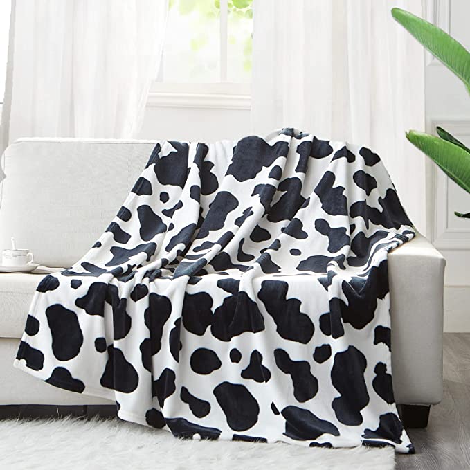Fleece Cow Print Blanket Black and White, Small Bed Cow Warm Blankets Plush, Bedroom Decor
