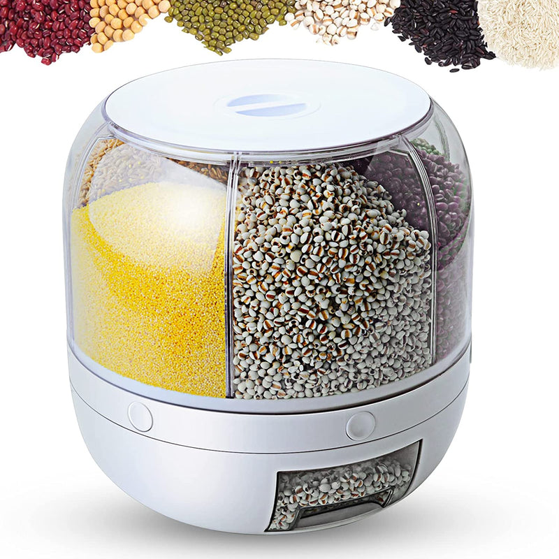 Rice Dispenser, 6-Grid 12lbs Rotating Grain Dispenser, One-Click Output Round Rice Container, WOWFUNNY Food Dispenser Kitchen Organization for Rice, Beans, Grains, Small Dry Food