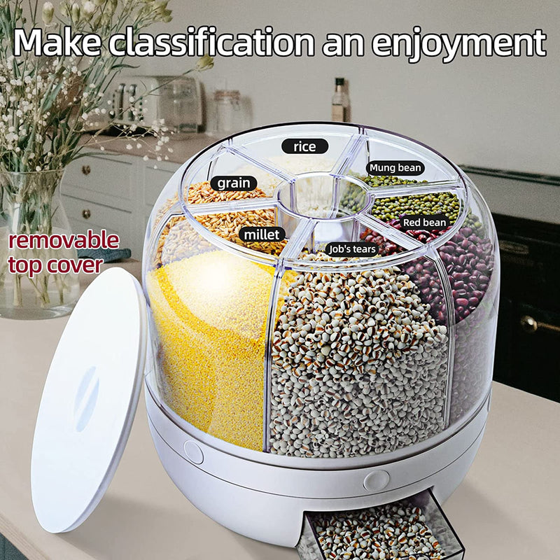 Rice Dispenser, 6-Grid 12lbs Rotating Grain Dispenser, One-Click Output Round Rice Container, WOWFUNNY Food Dispenser Kitchen Organization for Rice, Beans, Grains, Small Dry Food