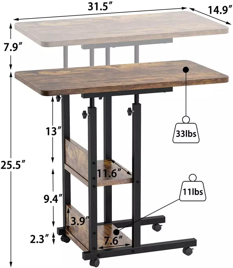 Height Adjustable notebook table, C Shaped End Table with Storage, Portable Mobile Rolling Side Table with Wheels