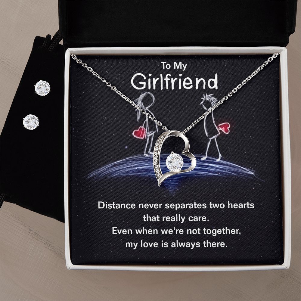 To my girlfriend - distance never separates two hearts Forever Love Necklace + Clear CZ Earrings