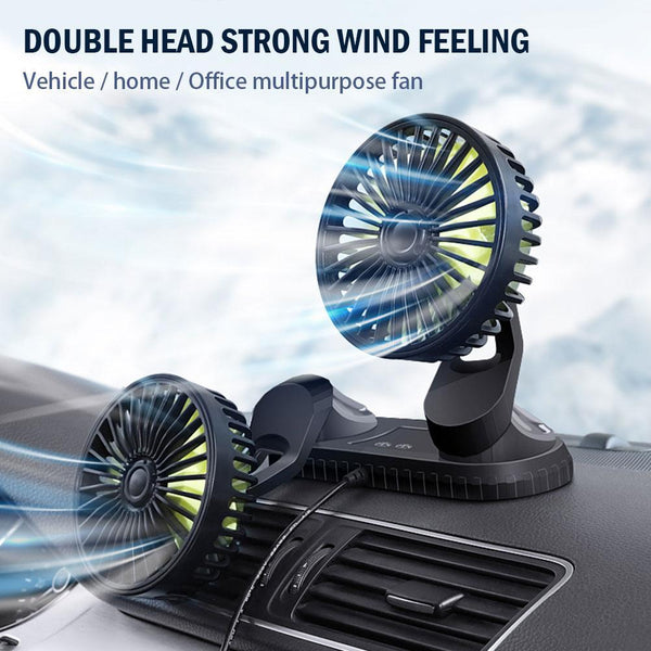 USB Vehicle Fan Dual Head Powerful 3-Speed Dashboard Adjustable Car Dashboard Cooling Fan Accessories with LED Lights