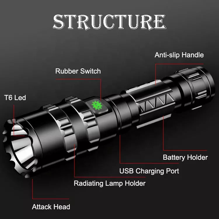 High Lumens USB Rechargeable Military Tactical Torch, Red Green Led Hunting Flashlight
